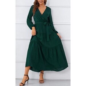 KorMei Women's Emerald Green Long Sleeve Tiered Midi Wrap Dress Size S